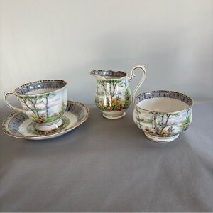 Royal Albert Silver Birch Bone China Tea Set – Cup, Saucer, Creamer & Sugar